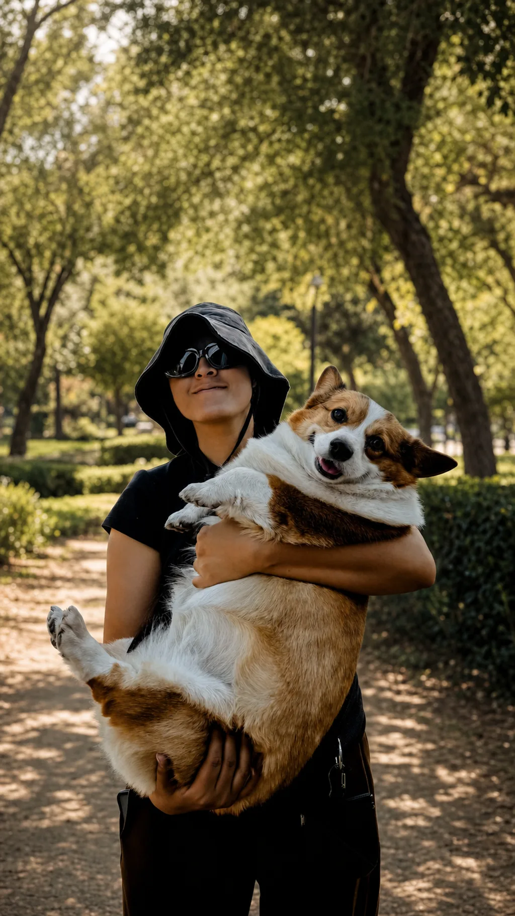 Ivanna, the BarkClub handler, holding a happy corgi in a leafy park